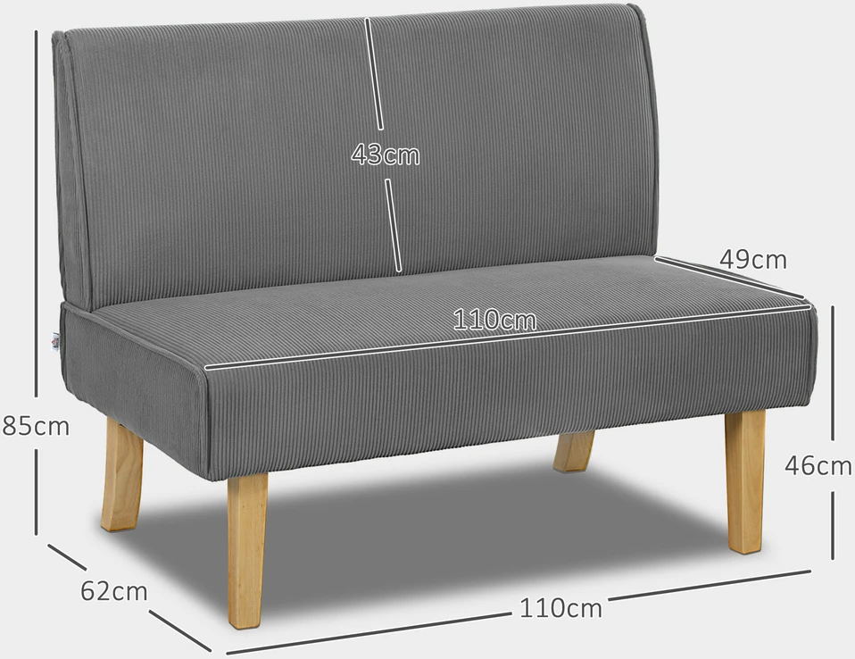 HOMCOM 2-vietė sofa, sofa su velveto optika, medinės kojelės, paminkštinta sofa, dvivietė sofa miegamajam, svetainei, 110 x 62 x 85 cm, pilka