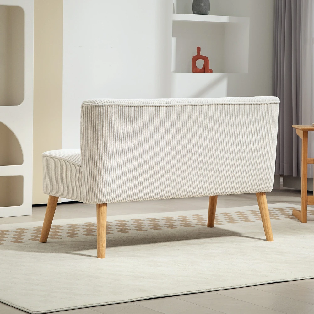 HOMCOM 2 vietų sofa, moderni sofa be porankių, paminkštinta, kordinės išvaizdos, maža svetainės sofa su medinėmis kojelėmis, 117 x 56,5 x 77 cm, kreminė balta