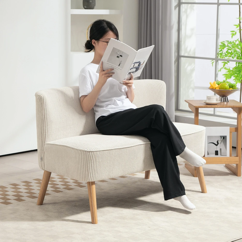 HOMCOM 2 vietų sofa, moderni sofa be porankių, paminkštinta, kordinės išvaizdos, maža svetainės sofa su medinėmis kojelėmis, 117 x 56,5 x 77 cm, kreminė balta
