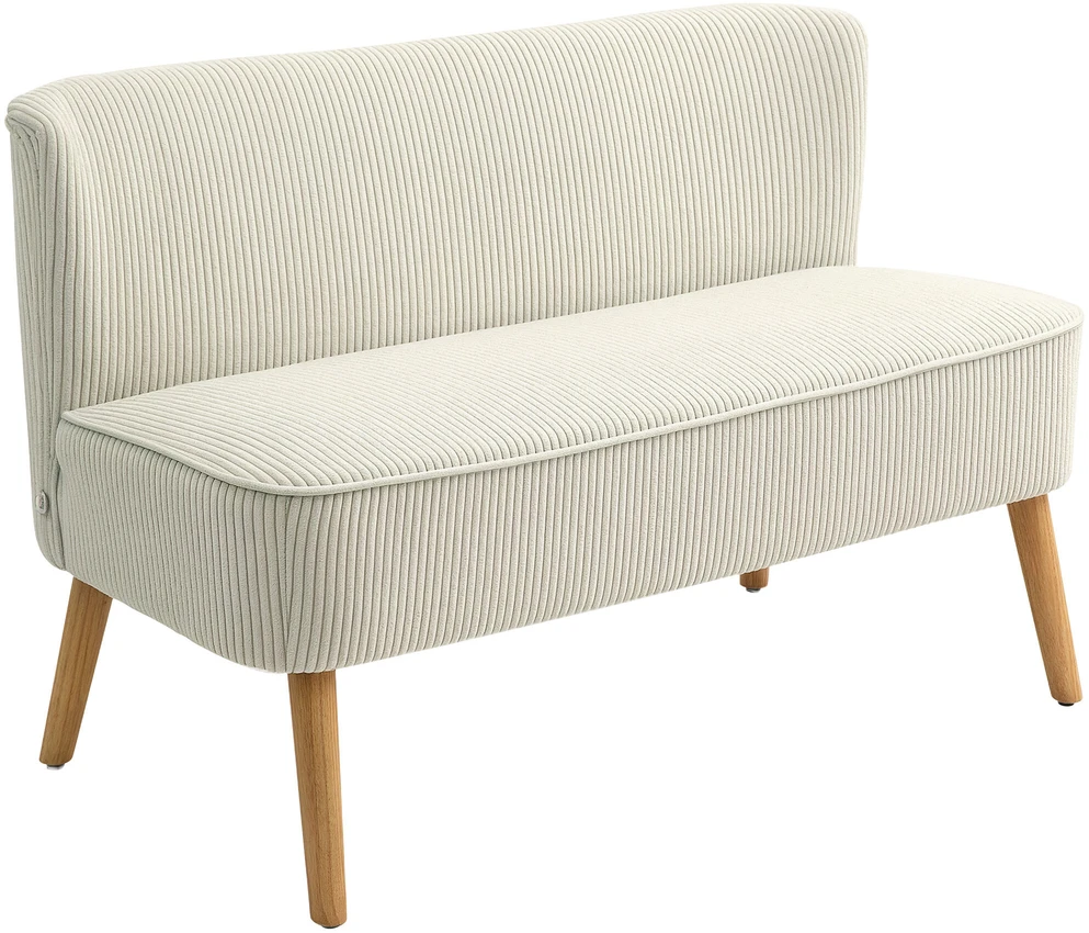 HOMCOM 2 vietų sofa, moderni sofa be porankių, paminkštinta, kordinės išvaizdos, maža svetainės sofa su medinėmis kojelėmis, 117 x 56,5 x 77 cm, kreminė balta