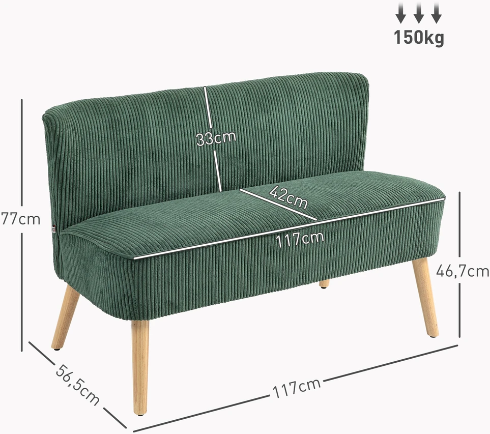 HOMCOM 2 vietų sofa, sofa su kordine išvaizda, medinės kojos, minkšta sofa, dvivietė sofa svetainei, miegamajam, 117 x 56,5 x 77 cm, žalios spalvos