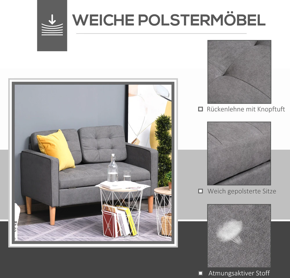 HOMCOM 2-viečių sofa, medžiaginė, nuimama, su pagalvėlėmis, kaučiukmedis, medvilnė, pilka, 117 x 62 x 78 cm