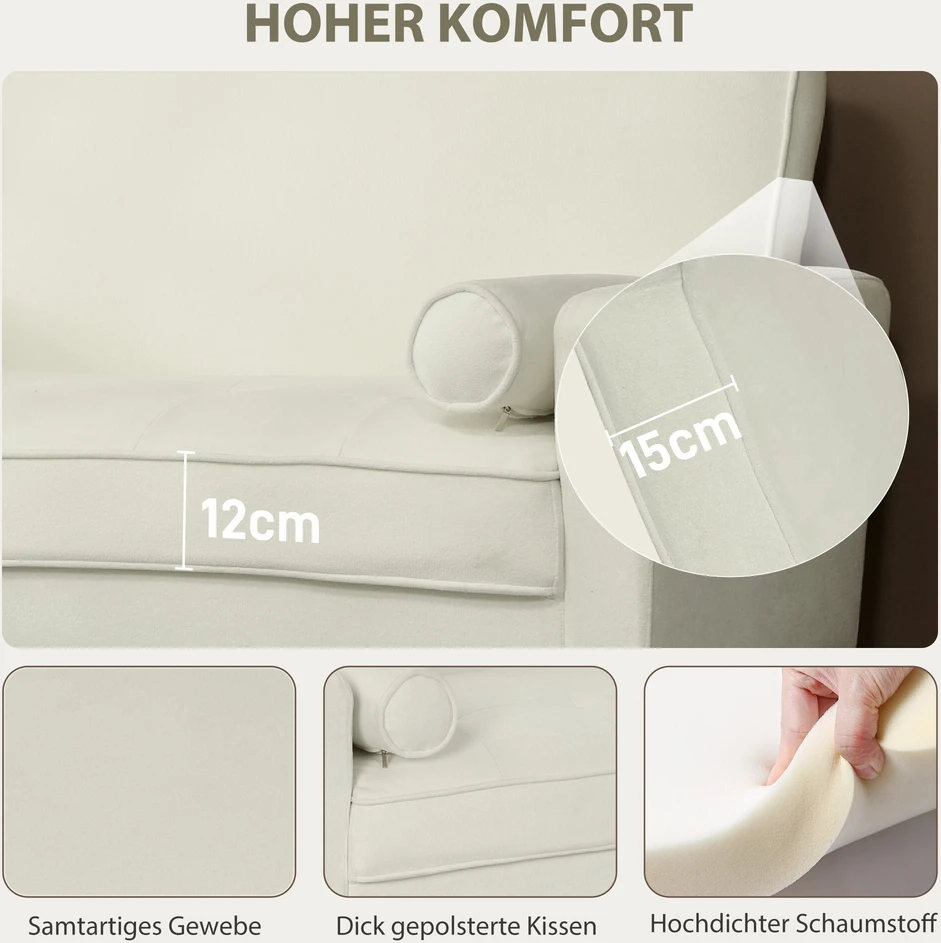 HOMCOM 2-vietė sofa, dvivietė sofa su kaučiukmedžio kojelėmis, minkšta sofa svetainei, miegamajam, kreminės baltos spalvos