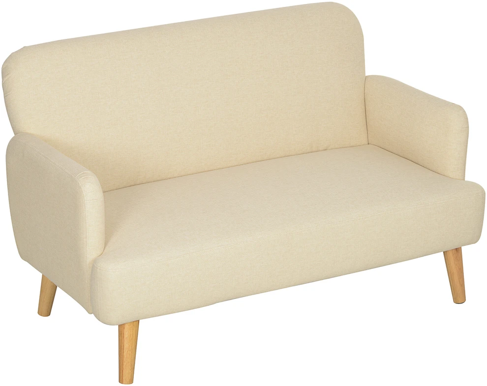 HOMCOM dvivietė sofa, maža sofa su aksomo efektu, medinės kojelės, paminkštinta sofa su porankiais svetainei, miegamajam, 130 x 74 x 79 cm, kreminė balta