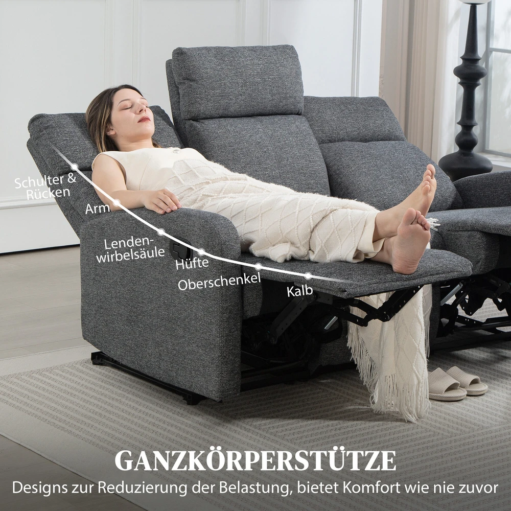 Fotelis HOMCOM 3 vietų sofa, individualiai reguliuojamos nugaros atramos, kojų atramos, audinio apmušalai, metalas, pilka