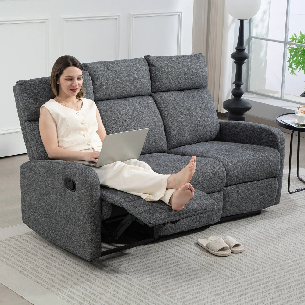 Fotelis HOMCOM 3 vietų sofa, individualiai reguliuojamos nugaros atramos, kojų atramos, audinio apmušalai, metalas, pilka