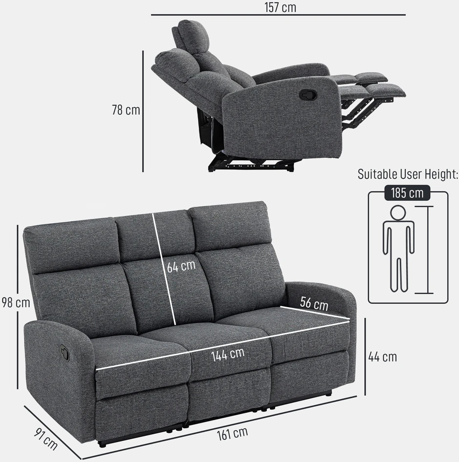 Fotelis HOMCOM 3 vietų sofa, individualiai reguliuojamos nugaros atramos, kojų atramos, audinio apmušalai, metalas, pilka