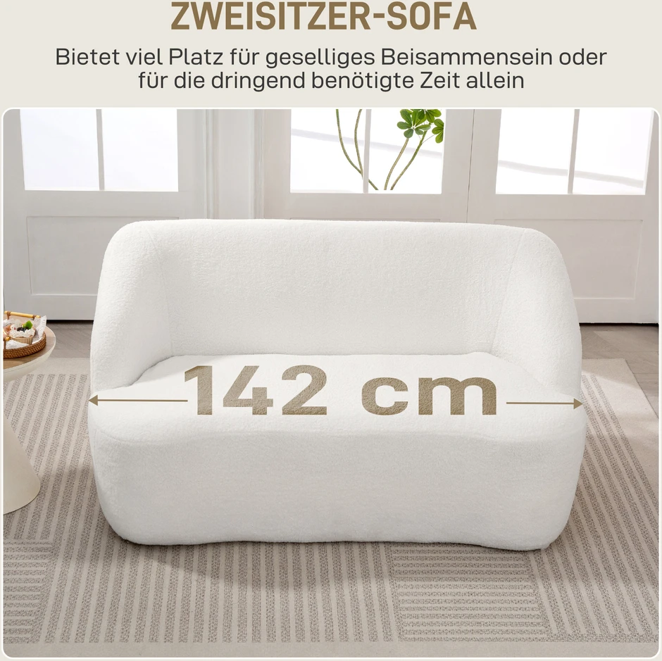 HOMCOM dvivietė sofa, išlenkto dizaino, paminkštinta sofa su fliso apmušalu, svetainei, miegamajam, namų biurui, kreminė balta