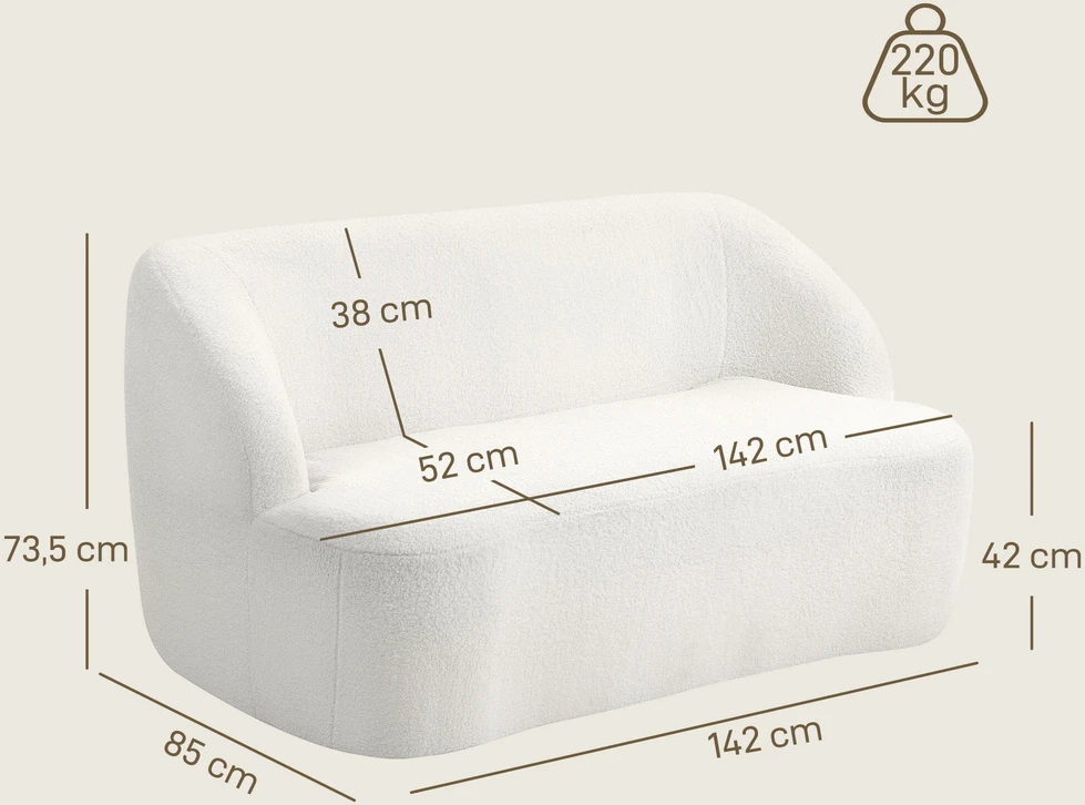 HOMCOM dvivietė sofa, išlenkto dizaino, paminkštinta sofa su fliso apmušalu, svetainei, miegamajam, namų biurui, kreminė balta