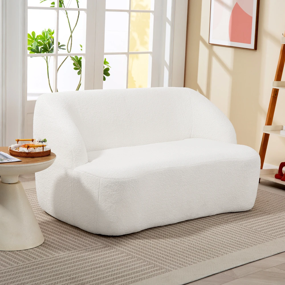 HOMCOM dvivietė sofa, išlenkto dizaino, paminkštinta sofa su fliso apmušalu, svetainei, miegamajam, namų biurui, kreminė balta