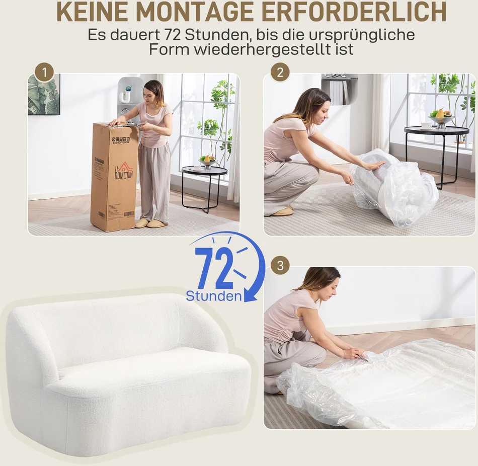 HOMCOM dvivietė sofa, išlenkto dizaino, paminkštinta sofa su fliso apmušalu, svetainei, miegamajam, namų biurui, kreminė balta