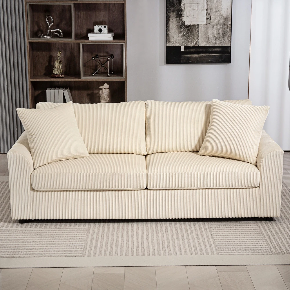 HOMCOM 3 vietų sofa, sofa su porankiais, pagalvėlės, paminkštinta sofa su velveto audinio apmušalais, storai paminkštinta svetainės sofa iki 450 kg gyvenamajam kambariui, miegamajam 212 x 80 x 88 cm, kreminės baltos spalvos