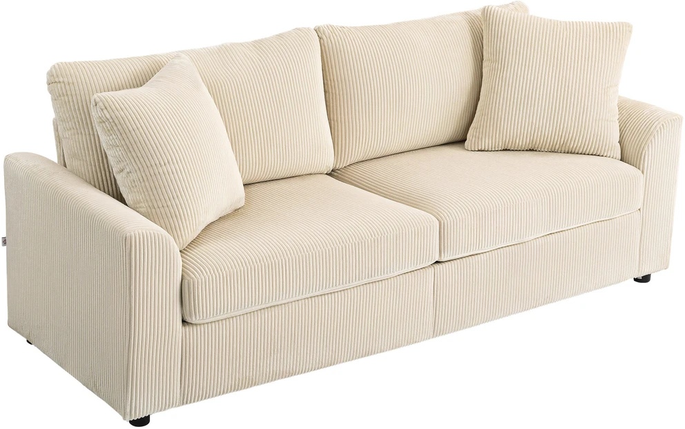 HOMCOM 3 vietų sofa, sofa su porankiais, pagalvėlės, paminkštinta sofa su velveto audinio apmušalais, storai paminkštinta svetainės sofa iki 450 kg gyvenamajam kambariui, miegamajam 212 x 80 x 88 cm, kreminės baltos spalvos