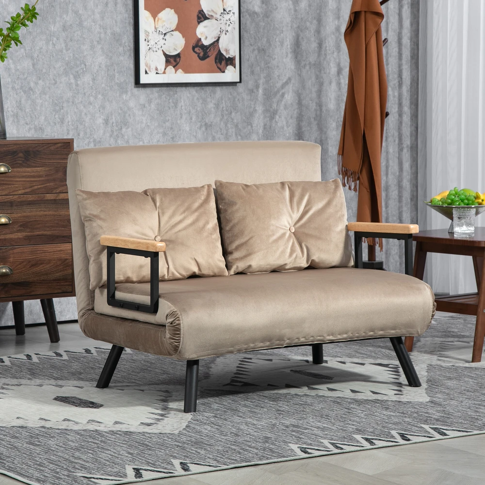 HOMCOM sofa lova, sulankstoma lova su miegojimo funkcija, reguliuojamas atlošas, polsteruota sofa su pagalve, aksominio stiliaus, svetainei, miegamajam, šviesiai ruda