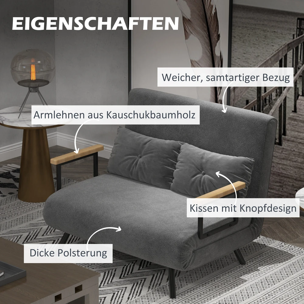 HOMCOM sofa lova su patalynės dėže, sofa su miegojimo funkcija, aksominės išvaizdos sofa su nugaros pagalvėlėmis, tamsiai pilka, 102 x 73 x 81 cm