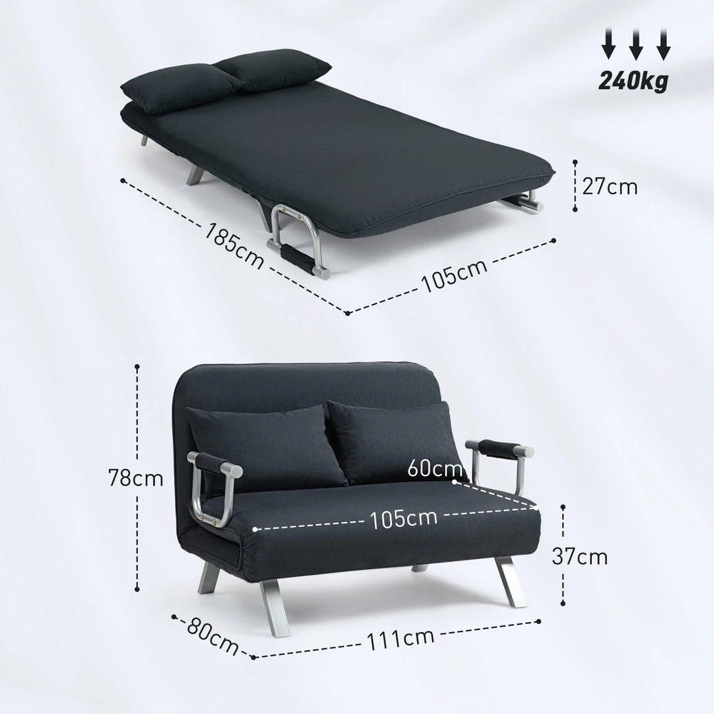 HOMCOM sofa-lova su reguliuojamu atlošu, pagalvėlėmis, 2 vietų, aksominės išvaizdos, su porankiais, skirta svetainei, miegamajam, juoda