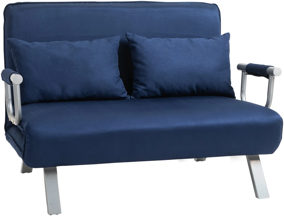 HOMCOM 2 vietų sofa-lova, sofa su reguliuojamu atlošu, dekoratyvinė pagalvė, sofa su aksomo efektu, porankiai, minkštas baldas svetainei, miegamajam, mėlyna