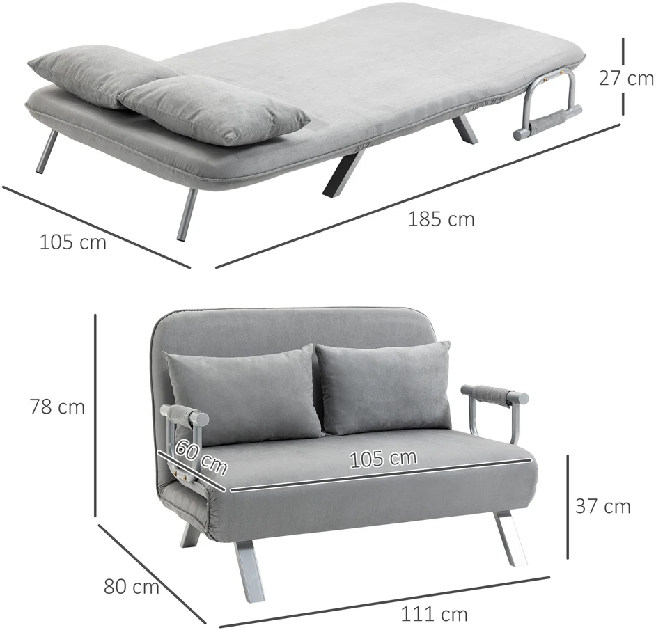 HOMCOM dvivietė sofa-lova su miegojimo funkcija ir pagalve, reguliuojama sofa, iki 150 kg, šviesiai pilka