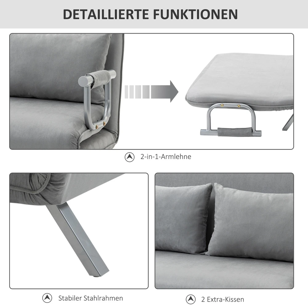 HOMCOM dvivietė sofa-lova su miegojimo funkcija ir pagalve, reguliuojama sofa, iki 150 kg, šviesiai pilka