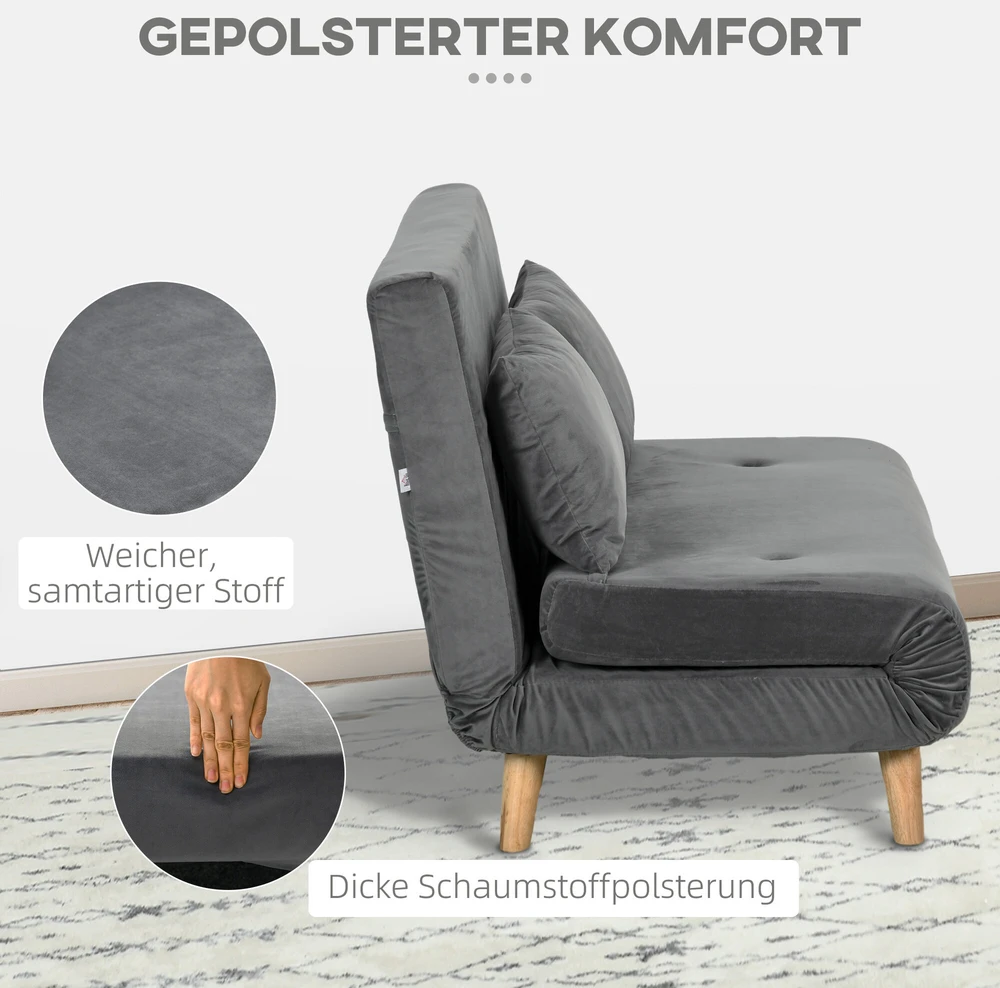 HOMCOM 2 vietų sofa-lova, išskleidžiama sofa su miegamąja funkcija, reguliuojamu atlošu, pagalvėlėmis, aksominės išvaizdos, pilka, 130 x 78 x 79 cm