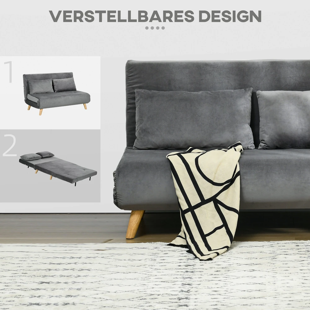 HOMCOM 2 vietų sofa-lova, išskleidžiama sofa su miegamąja funkcija, reguliuojamu atlošu, pagalvėlėmis, aksominės išvaizdos, pilka, 130 x 78 x 79 cm