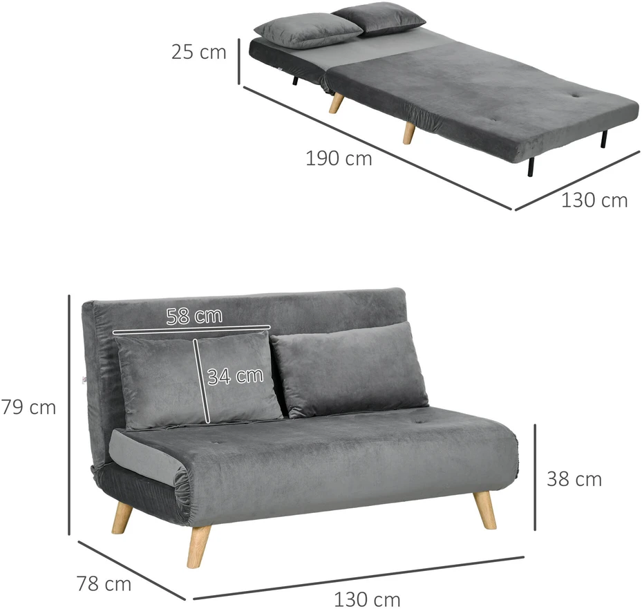 HOMCOM 2 vietų sofa-lova, išskleidžiama sofa su miegamąja funkcija, reguliuojamu atlošu, pagalvėlėmis, aksominės išvaizdos, pilka, 130 x 78 x 79 cm