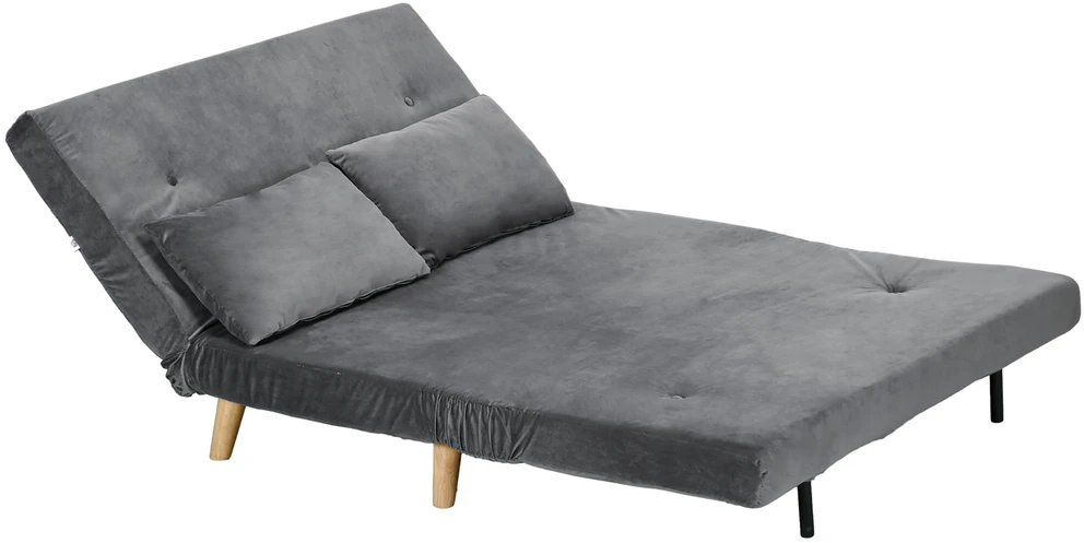 HOMCOM 2 vietų sofa-lova, išskleidžiama sofa su miegamąja funkcija, reguliuojamu atlošu, pagalvėlėmis, aksominės išvaizdos, pilka, 130 x 78 x 79 cm