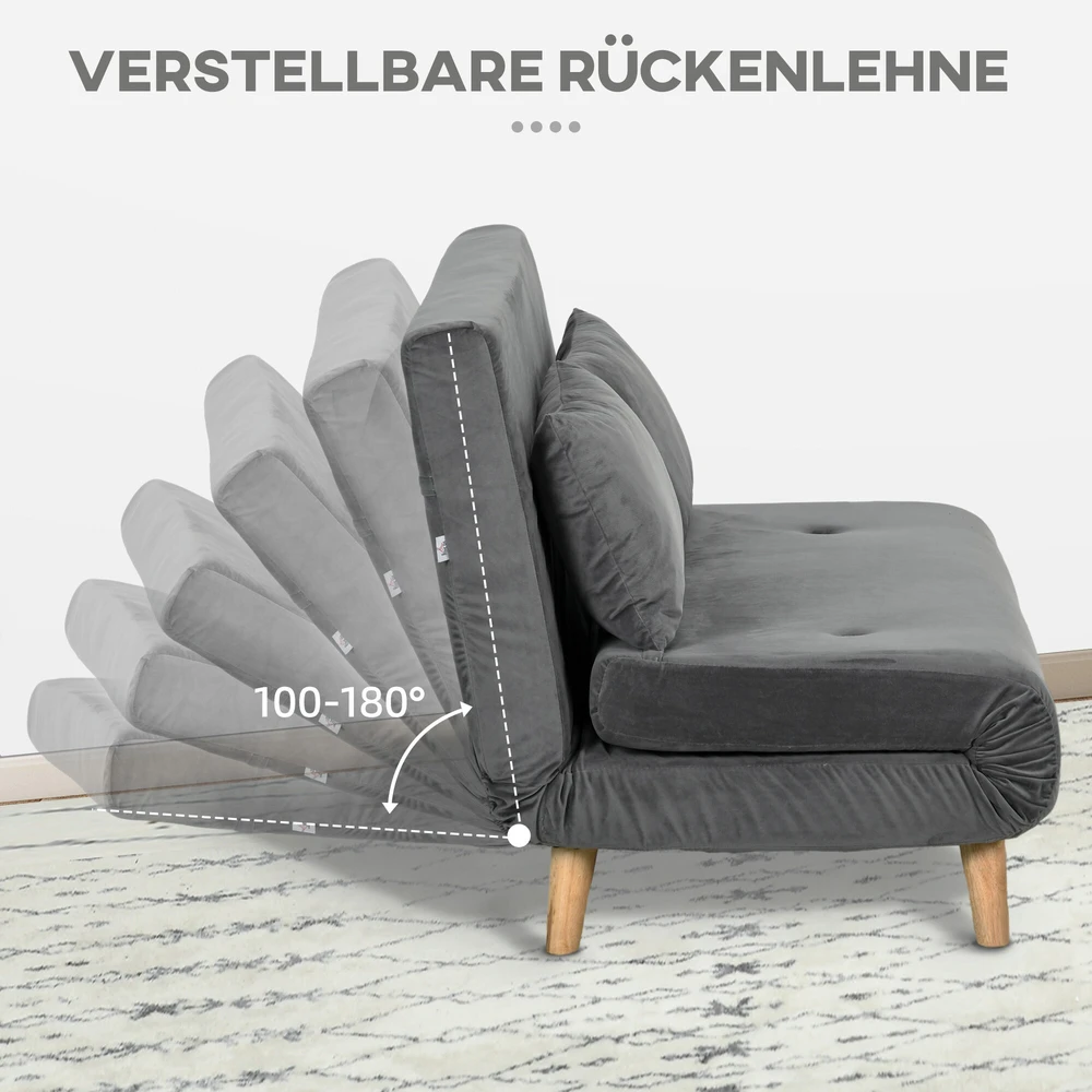 HOMCOM 2 vietų sofa-lova, išskleidžiama sofa su miegamąja funkcija, reguliuojamu atlošu, pagalvėlėmis, aksominės išvaizdos, pilka, 130 x 78 x 79 cm