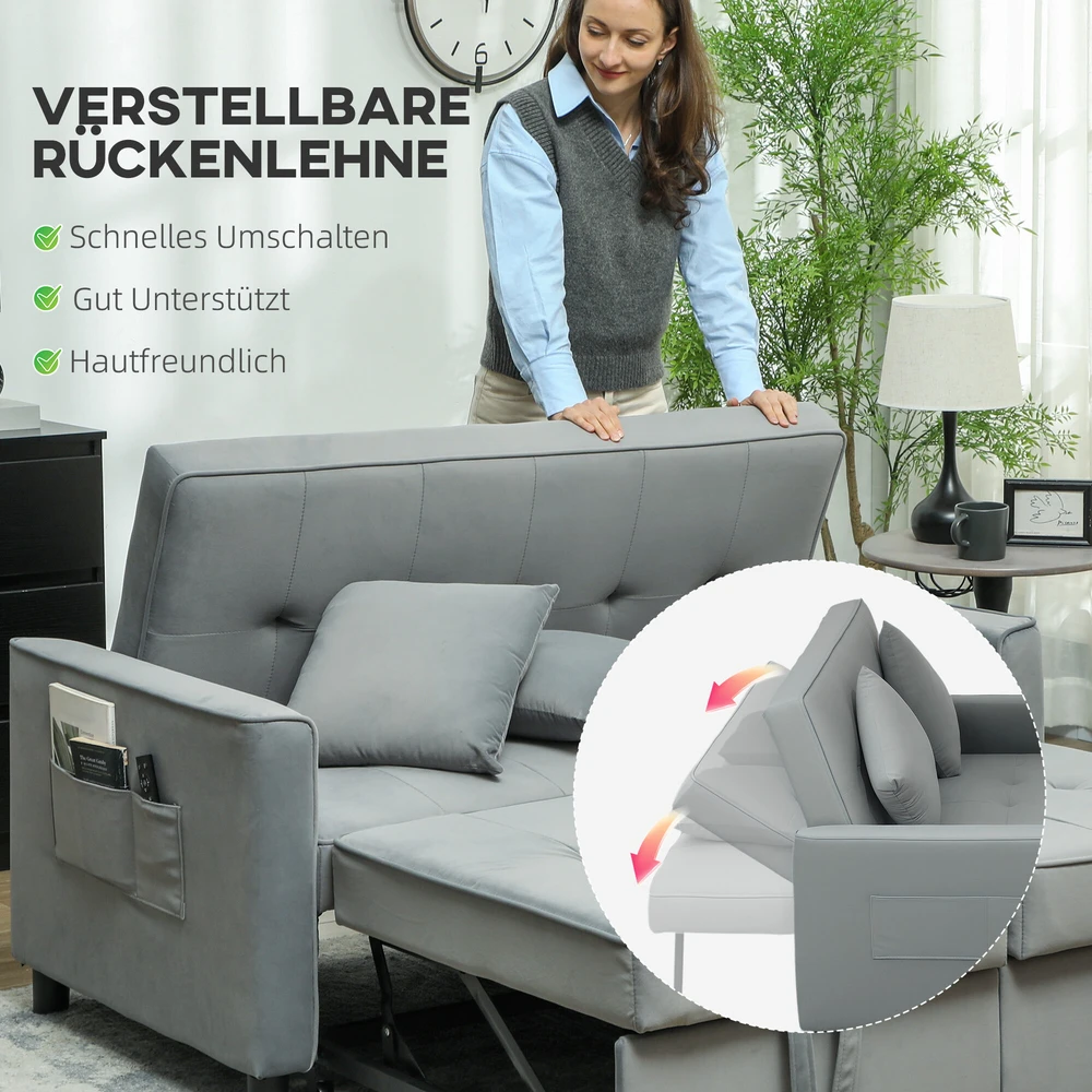 HOMCOM Sofa-lova, 2 vietų sofa su miegojimo funkcija, reguliuojamas atlošas, sofa su pagalvėlėmis, aksomo išvaizdos, L formos sofa-lova su lovos pagrindu, su ratukais, skirta svetainei, svečių kambariui, pilka