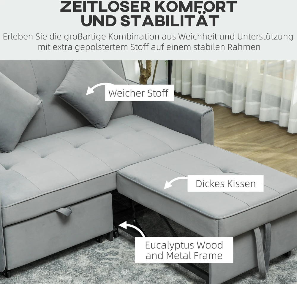 HOMCOM Sofa-lova, 2 vietų sofa su miegojimo funkcija, reguliuojamas atlošas, sofa su pagalvėlėmis, aksomo išvaizdos, L formos sofa-lova su lovos pagrindu, su ratukais, skirta svetainei, svečių kambariui, pilka