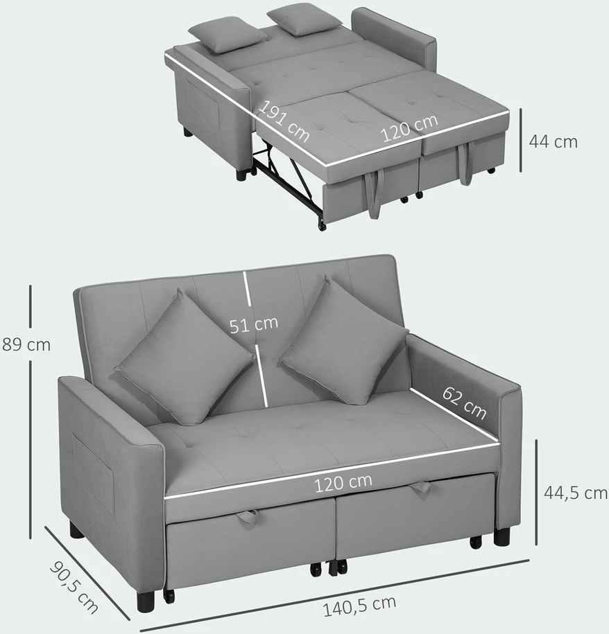 HOMCOM Sofa-lova, 2 vietų sofa su miegojimo funkcija, reguliuojamas atlošas, sofa su pagalvėlėmis, aksomo išvaizdos, L formos sofa-lova su lovos pagrindu, su ratukais, skirta svetainei, svečių kambariui, pilka