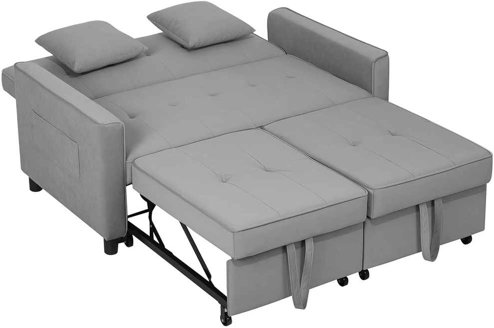 HOMCOM Sofa-lova, 2 vietų sofa su miegojimo funkcija, reguliuojamas atlošas, sofa su pagalvėlėmis, aksomo išvaizdos, L formos sofa-lova su lovos pagrindu, su ratukais, skirta svetainei, svečių kambariui, pilka