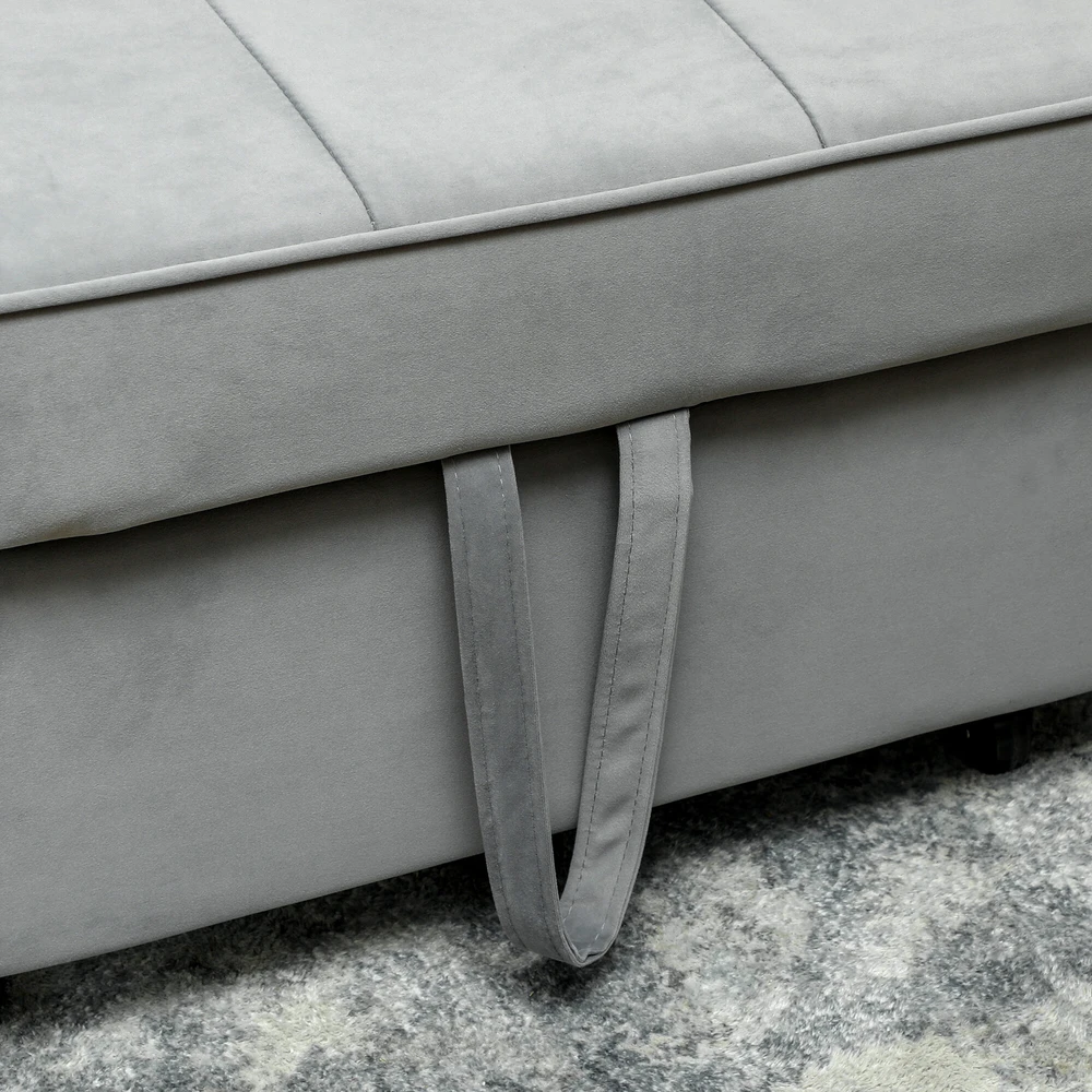 HOMCOM Sofa-lova, 2 vietų sofa su miegojimo funkcija, reguliuojamas atlošas, sofa su pagalvėlėmis, aksomo išvaizdos, L formos sofa-lova su lovos pagrindu, su ratukais, skirta svetainei, svečių kambariui, pilka