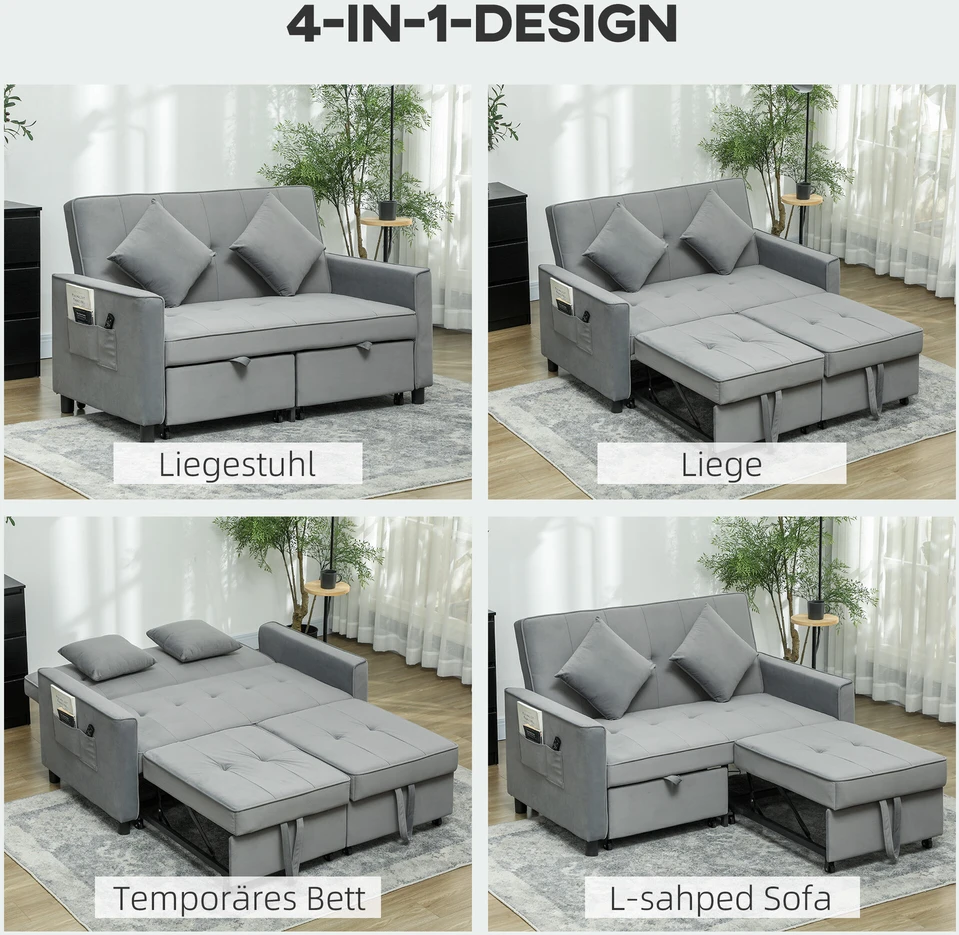 HOMCOM Sofa-lova, 2 vietų sofa su miegojimo funkcija, reguliuojamas atlošas, sofa su pagalvėlėmis, aksomo išvaizdos, L formos sofa-lova su lovos pagrindu, su ratukais, skirta svetainei, svečių kambariui, pilka
