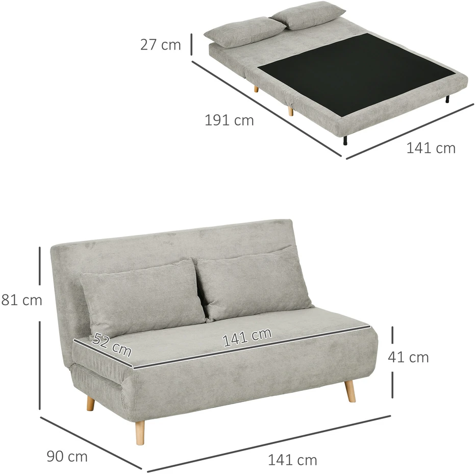 HOMCOM sofa lova, sulankstoma lova su miegamąja funkcija, nugaros pagalvėlė, minkšta sofa su reguliuojamu atlošu, aksominė išvaizda, 141 x 90 x 81 cm, pilka