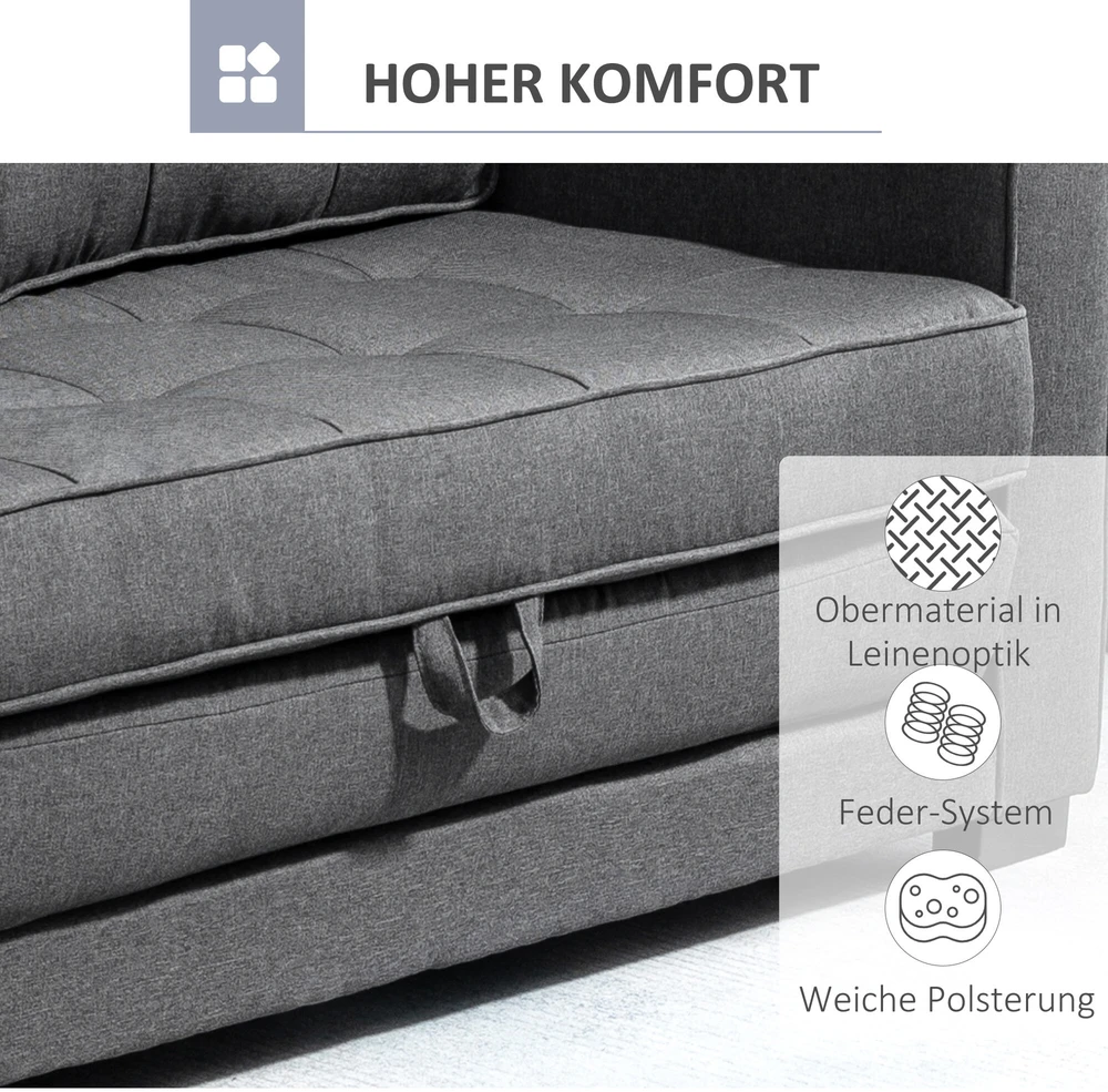 HOMCOM dvivietė sofa-lova, išlankstoma sofa su miegojimo funkcija, lino tekstūros audinys, kaučiukmedis, pilka, 147,5x75x85 cm