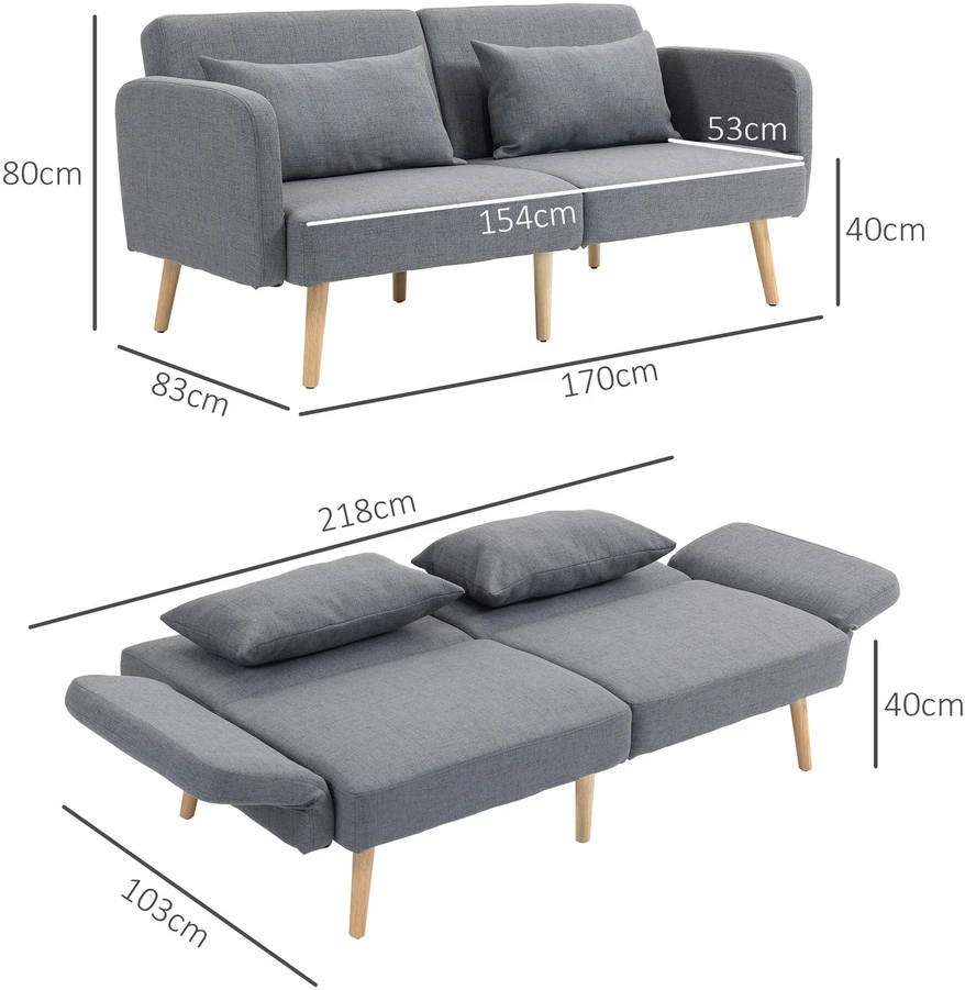 HOMCOM Sofa-lova, 2 vietų sulankstoma lova su lovos funkcija, 2 pagalvėlės, 3 vietų minkšta sofa su reguliuojamu atlošu, lininės išvaizdos, skirta svetainei, miegamajam, 170 x 83 x 80 cm, pilka