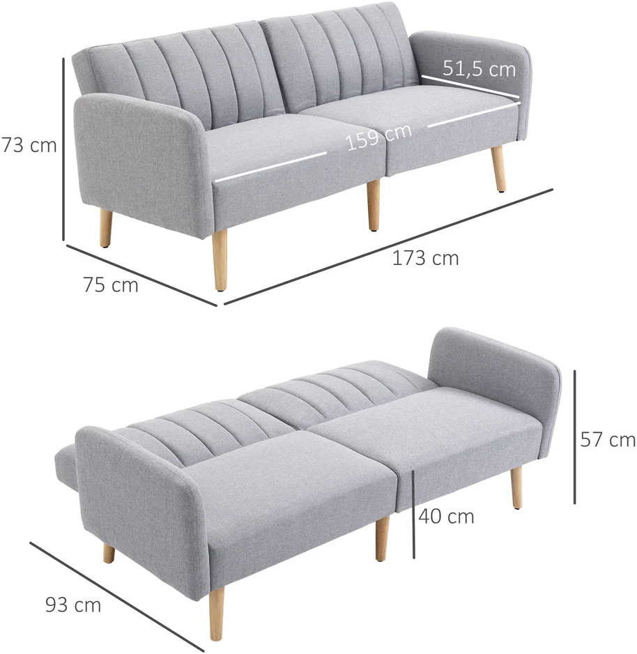 HOMCOM skandinaviško dizaino sofa-lova 2 asmenims, 3 kryptimis reguliuojamas atlošas, gumos medžio kojos, pilkos spalvos lininis audinys