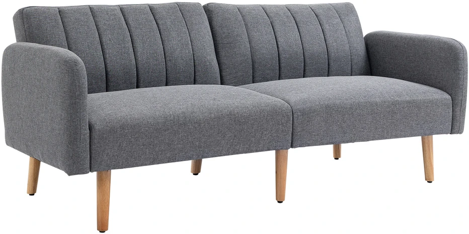 HOMCOM sofa-lova, dvivietė, su miegojimo funkcija, lino išvaizdos poliesteris, gumamedis, pilka, 173x75x73 cm