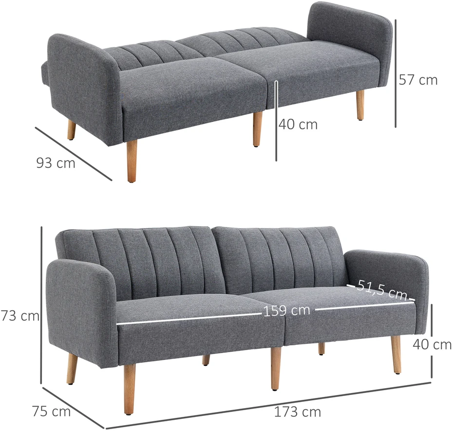 HOMCOM sofa-lova, dvivietė, su miegojimo funkcija, lino išvaizdos poliesteris, gumamedis, pilka, 173x75x73 cm