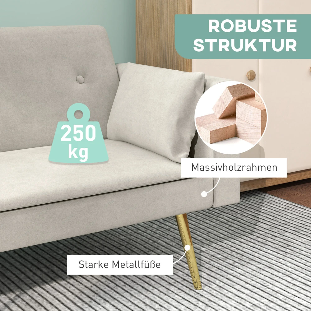 HOMCOM išskleidžiama sofa, miegamoji sofa su reguliuojamu atlošu, šonine kišene, paminkštinta 2 vietų sofa su miegamąja funkcija, pagalvėmis, svetainei, miegamajam, smėlio spalvos