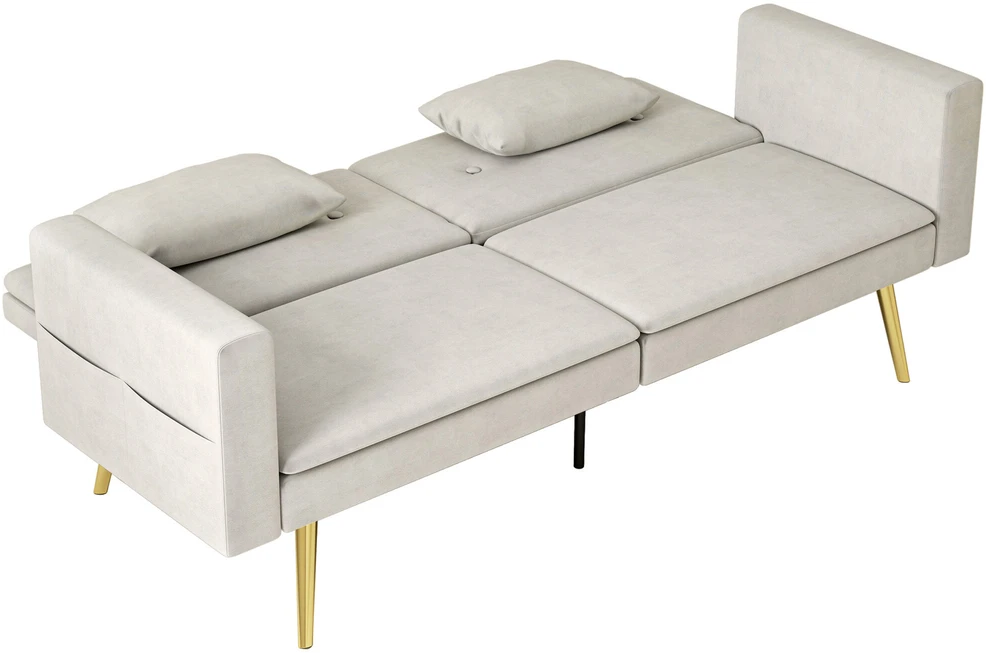 HOMCOM išskleidžiama sofa, miegamoji sofa su reguliuojamu atlošu, šonine kišene, paminkštinta 2 vietų sofa su miegamąja funkcija, pagalvėmis, svetainei, miegamajam, smėlio spalvos