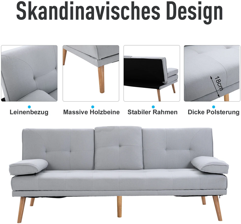 HOMCOM išskleidžiama sofa, patogi sofa-lova, 3 vietų, sofos lova, linas, šviesiai pilka, 181x77x72 cm