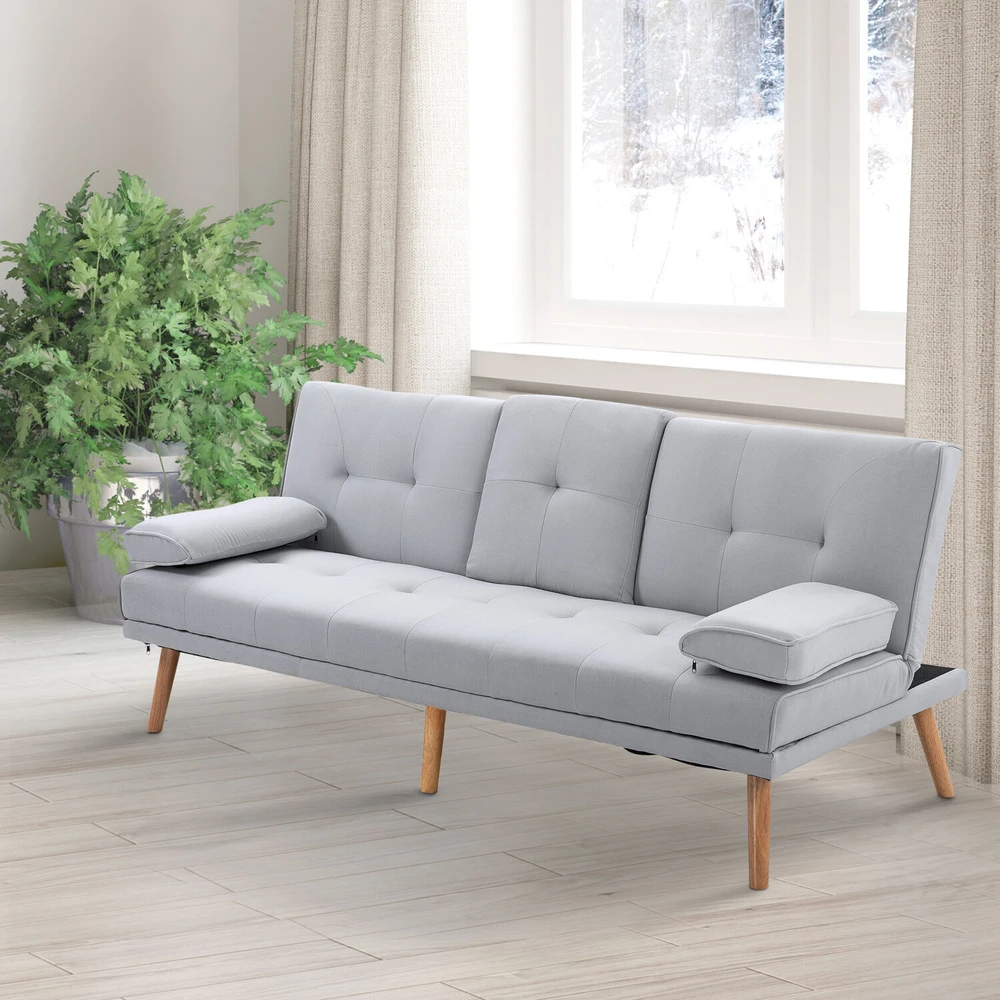 HOMCOM išskleidžiama sofa, patogi sofa-lova, 3 vietų, sofos lova, linas, šviesiai pilka, 181x77x72 cm