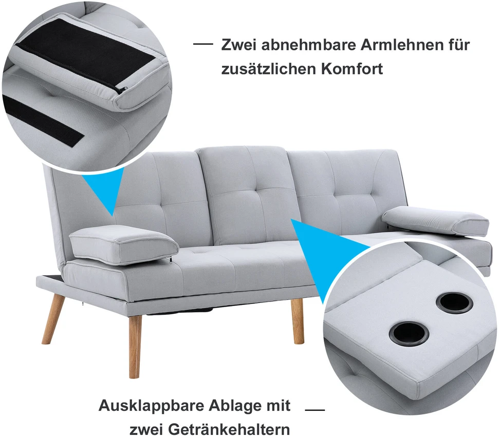 HOMCOM išskleidžiama sofa, patogi sofa-lova, 3 vietų, sofos lova, linas, šviesiai pilka, 181x77x72 cm