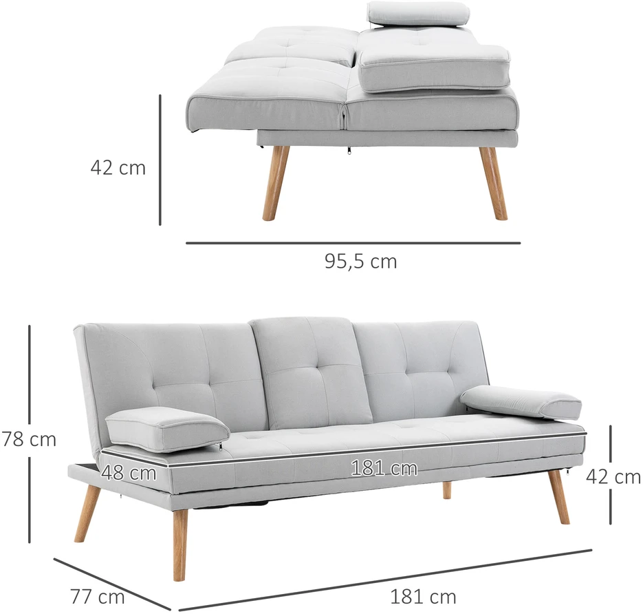 HOMCOM išskleidžiama sofa, patogi sofa-lova, 3 vietų, sofos lova, linas, šviesiai pilka, 181x77x72 cm