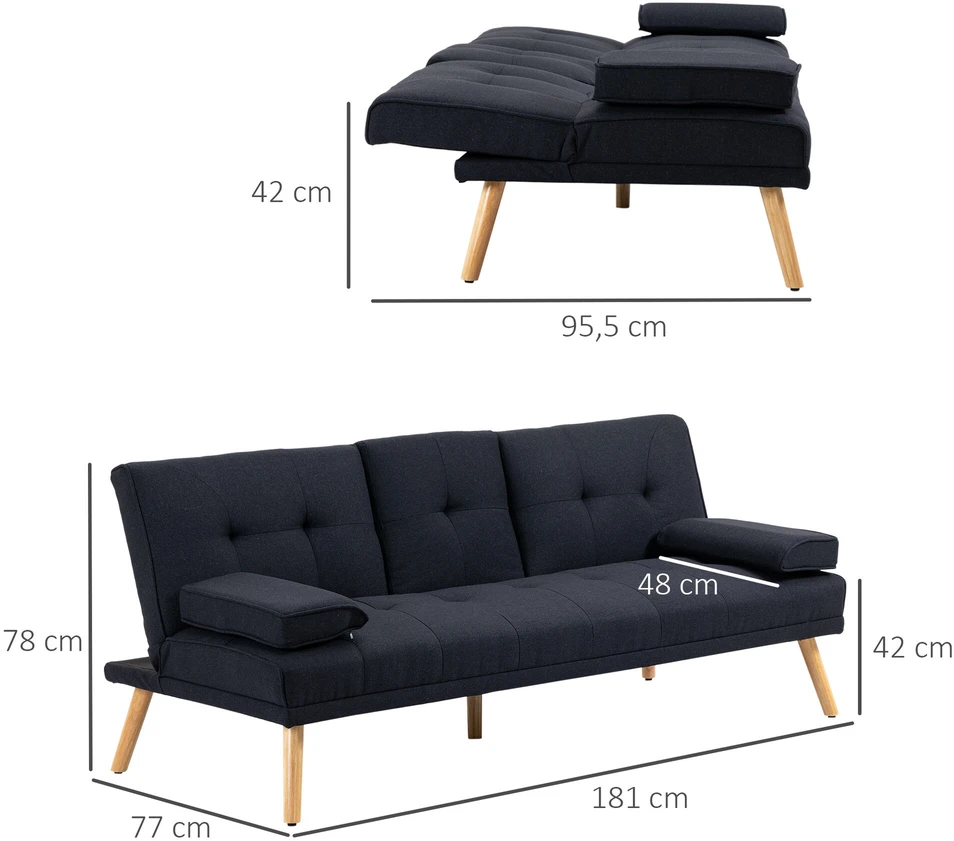 HOMCOM sofa-lova, 3 vietų išskleidžiama sofa su atlenkiamu staliuku, puodelių laikikliais, sofos lova su lino imitacijos audiniu, skandinaviško dizaino, išlaikanti iki 250 kg svorį, svetainei, pilka