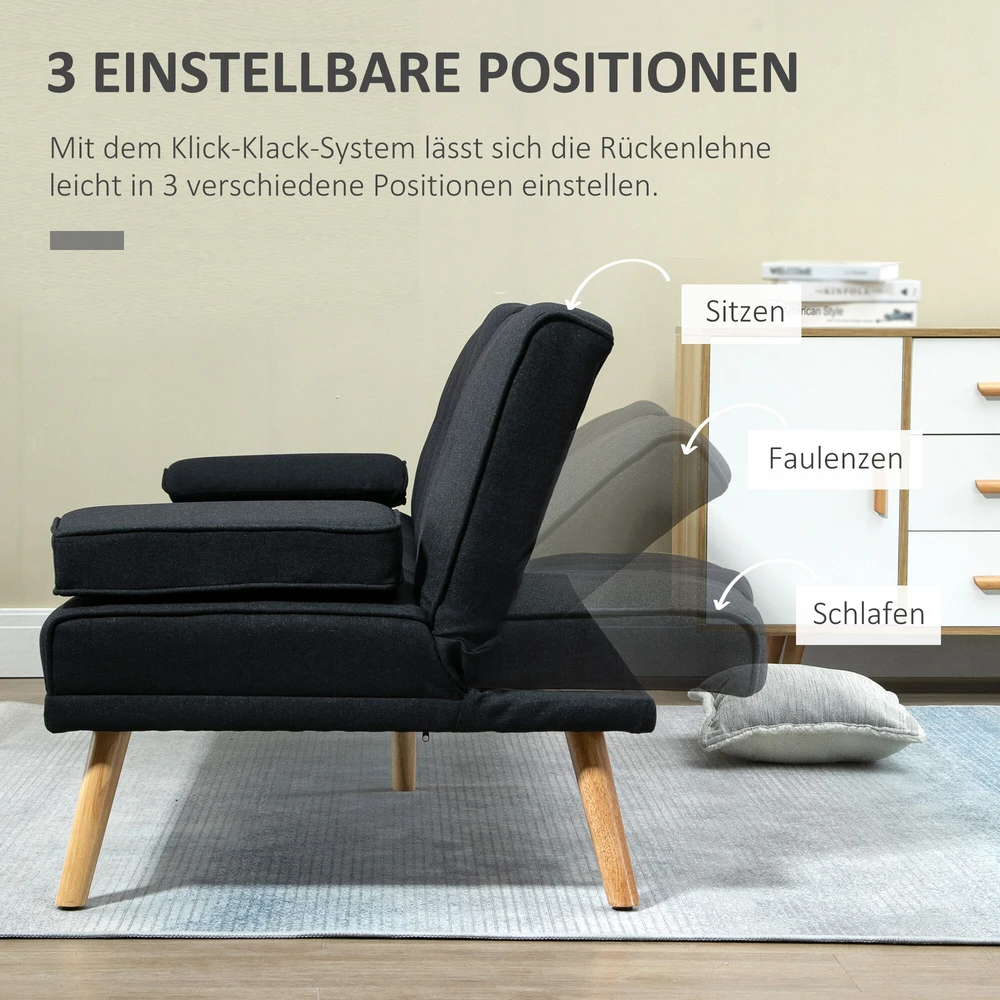 HOMCOM sofa-lova, 3 vietų išskleidžiama sofa su atlenkiamu staliuku, puodelių laikikliais, sofos lova su lino imitacijos audiniu, skandinaviško dizaino, išlaikanti iki 250 kg svorį, svetainei, pilka