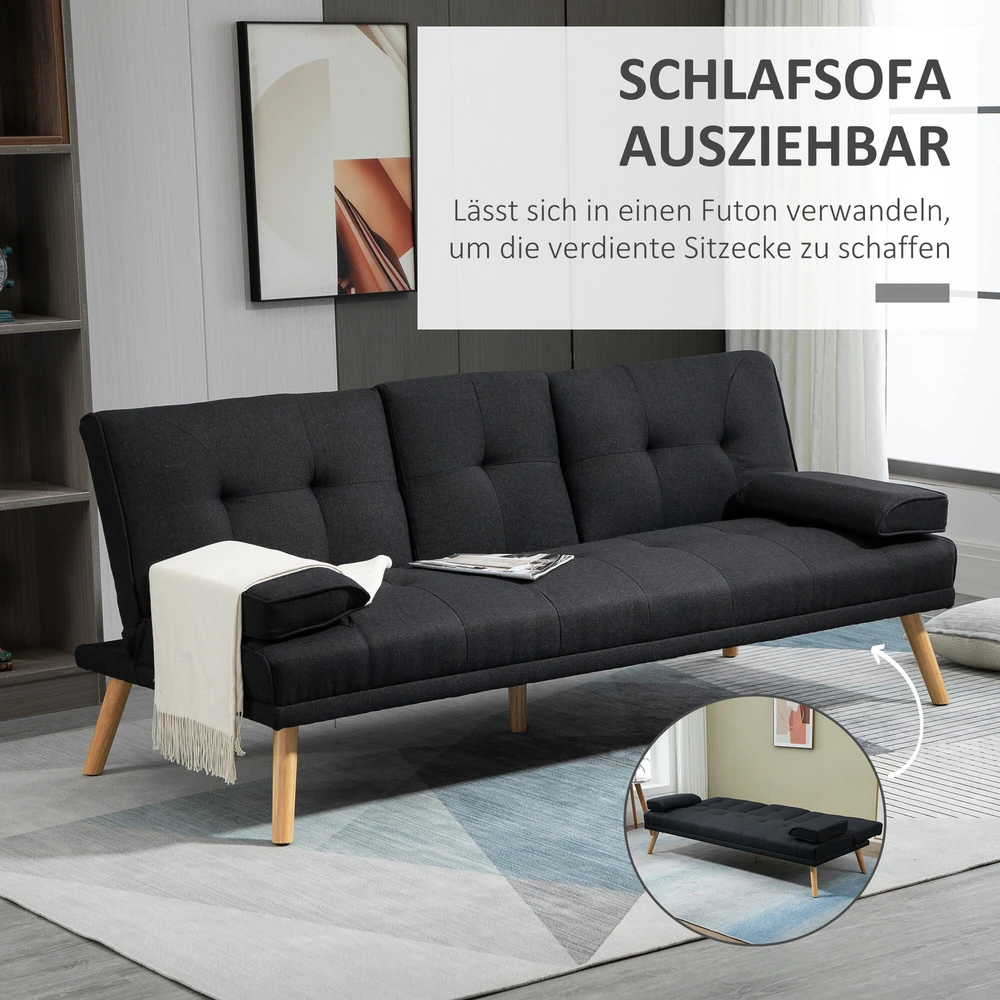 HOMCOM sofa-lova, 3 vietų išskleidžiama sofa su atlenkiamu staliuku, puodelių laikikliais, sofos lova su lino imitacijos audiniu, skandinaviško dizaino, išlaikanti iki 250 kg svorį, svetainei, pilka