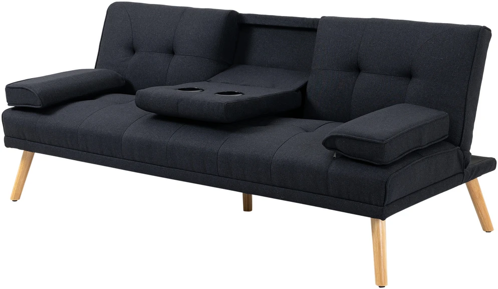 HOMCOM sofa-lova, 3 vietų išskleidžiama sofa su atlenkiamu staliuku, puodelių laikikliais, sofos lova su lino imitacijos audiniu, skandinaviško dizaino, išlaikanti iki 250 kg svorį, svetainei, pilka